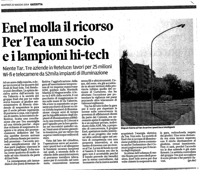Gazzetta di Mantova 20/05/2014 - LA LUCE CHE CONNETTE LE CITTA'